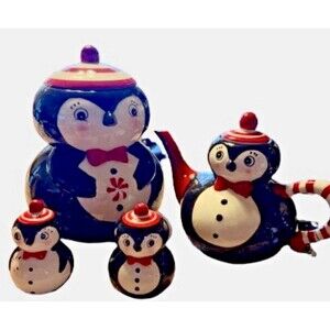 Johanna Parker Carnival Cottage Penguin Tea Set Cookie Jar Teapot Salt Pepper